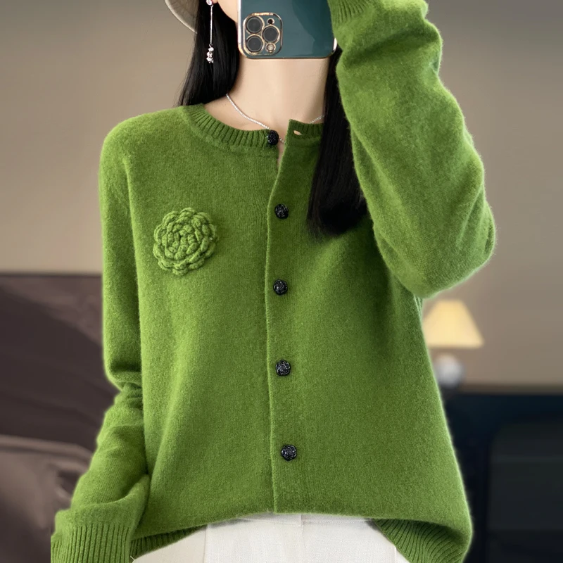 Heavy Industry three-dimensional cardigan flower round neck 100% Merino wool sweater new temperament red sweater coat