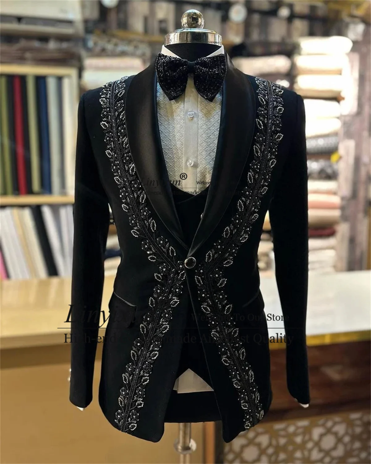 Black Hand Luxury Beaded Crystals Men Suits Shawl Lapel Groom Wedding Tuxedos 3 Pieces Sets Male Prom Blazers Slim Costume Homme