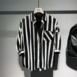 2024 New Summer Trend Fashion Retro Simple Loose Casual Oversize Lapel Black and White Striped Three Quarter Shirt for Men