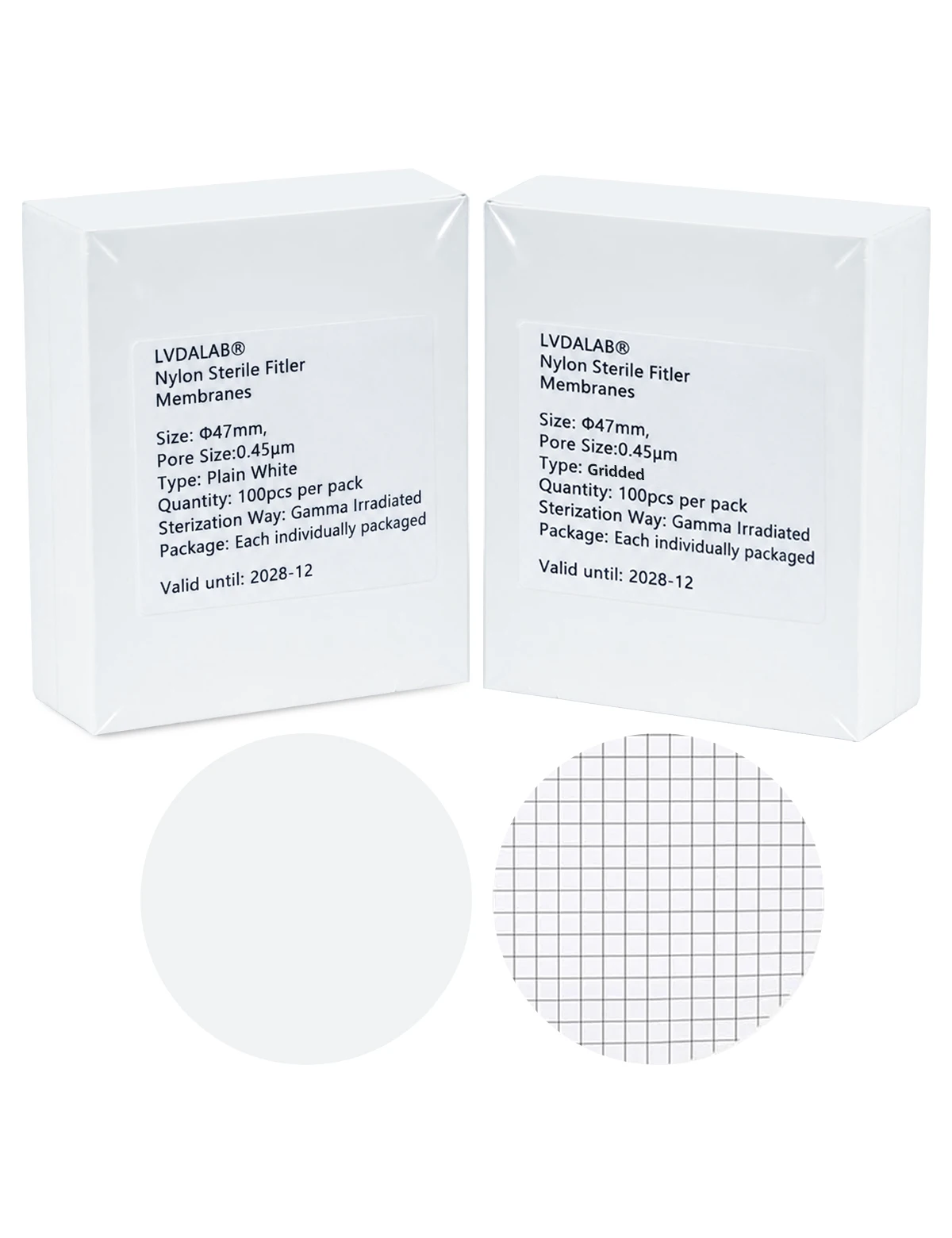 Xin Tester 100pcs Sterile Nylon Filter Membranes 47mm, 0.22μm 0.45μm Plain/Gridded Disc Filters, Individually Packed HPLC Lab