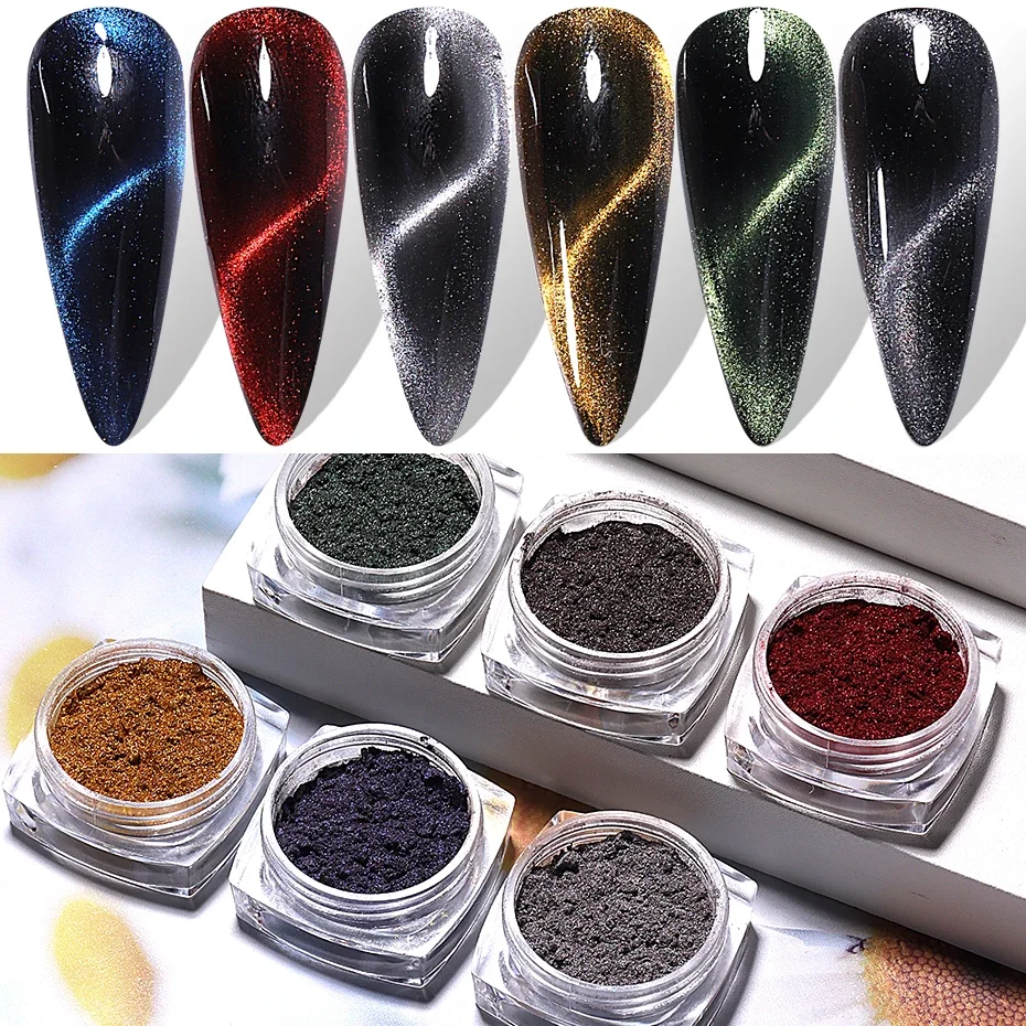 6 Kolorów Efekt Kociego Oka Chromowany Magnetyczny Puder do Paznokci Perłowy Pigment Wróżkowy Efekt Odblaskowy Pyłek do Wcierania DIY Ozdoba do Manicure Efekt Błyskawiczny