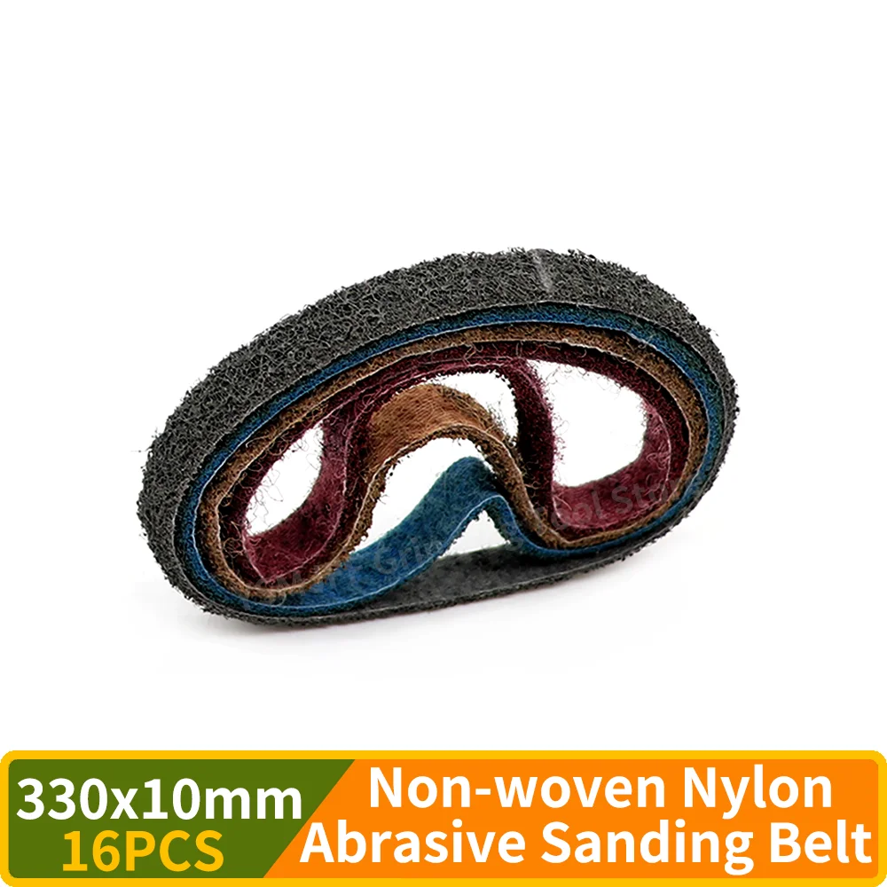 

16PCS 330x10mm Non-woven Nylon Abrasive Sanding Belt 150-600 Grits Coarse to Fine for Stainless Steel Metal Striping Deburring