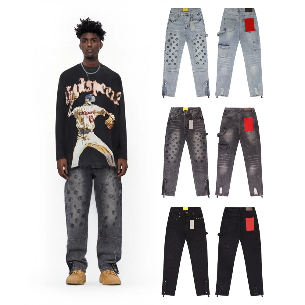

Y2k мешковатые джинсовые джинсы с вышивкой в стиле хип-хоп, рок, двусторонние джинсы, уличная одежда в стиле ретро, потертая уличная одежда, мужские джинсы с манжетами на молнии