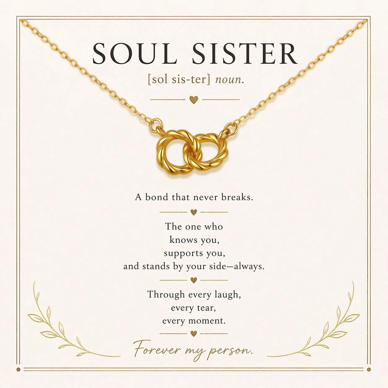 Soul Sister Necklace Stainless Steel Gold Plated 2 Interlocking Twist Circles Pendant Gift with Card