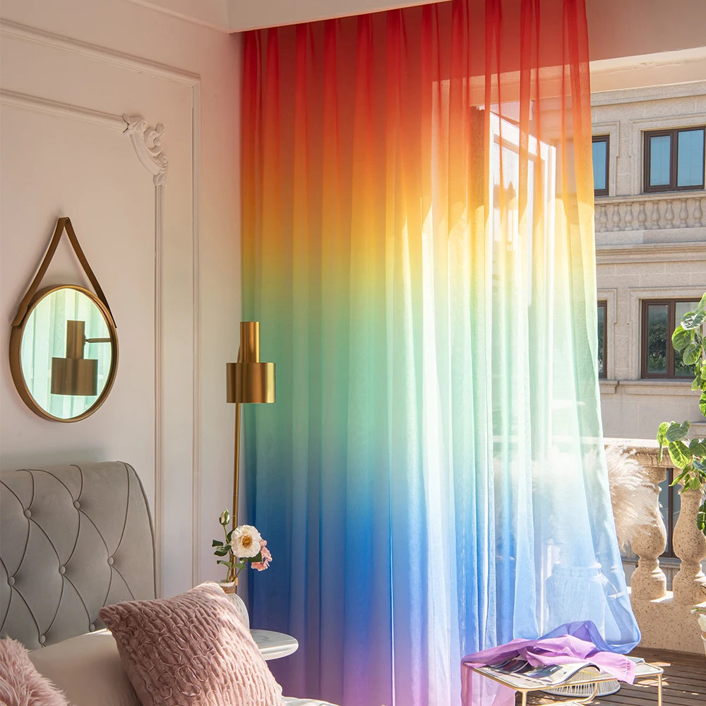 Rainbow Sheer Curtains Colorful Ombre Voile Window Scarf Panel Light Filtering Privacy