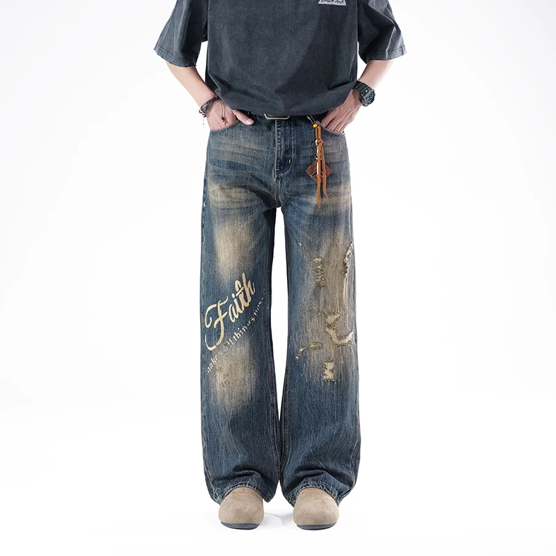 Distressed Jeans For Men Wide Leg Baggy Denim Pants Loose Streetwear Letter Print Retro Patchwork Jeans No Accessories