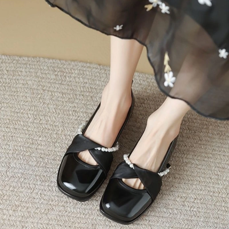 

Women's 2025 Spring Fashion Single Shoes French Square Toe Low Cut Pearl Medium Block Heel Mary Jane Shoes Fairy Style Design