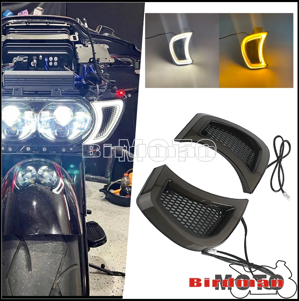 

Motorcycle LED Headlight Vent Accents Light With Indicator Turn Signal Running Lamp Smoke For Harley Touring Road Glide 2015-23