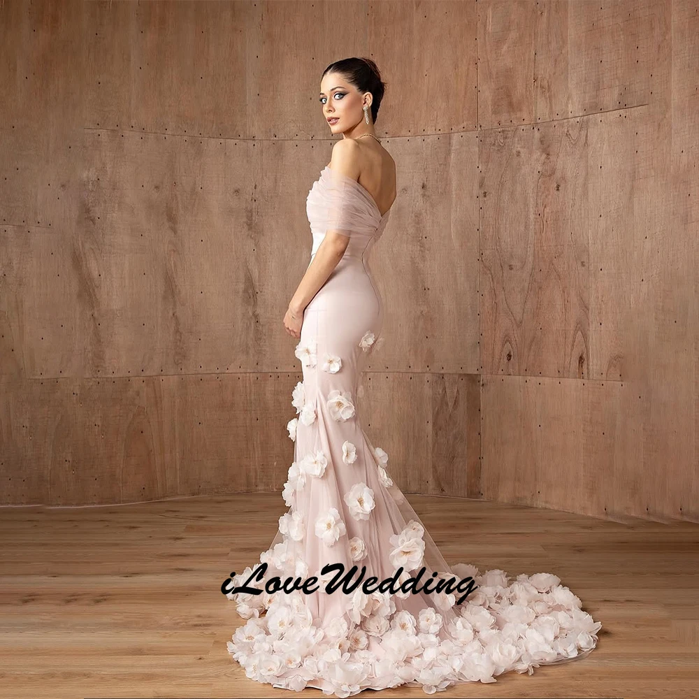 Maßgeschneiderte luxuriöse Damen-Abendkleider, schulterfrei, Meerjungfrau, romantisch, 3D-Blume, formelles Kleid, Reißverschluss, Rosa, Neueste 2026