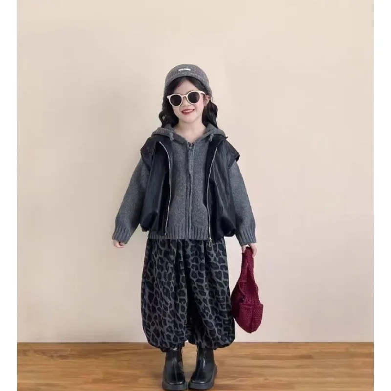 Three Piece Set of Korean Children's knitted Hooded Sweater PU Vest and Soft Leopard Print Radish Pants For Boys and Girls