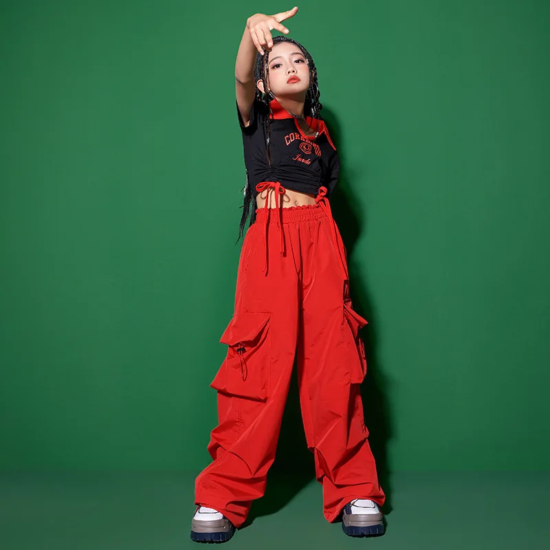 طفل الهيب هوب الملابس السوداء Ruched الخامس الرقبة المحاصيل الأعلى تي شيرت الأحمر عادية المظلة البضائع السراويل لفتاة الجاز ملابس رقص الملابس #3