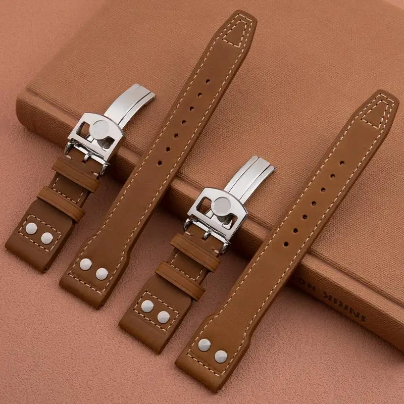 ONECMN Italian Imported Horse Brown Leather Watchband 22mm Rivets Wristband For IWC Strap Big Pilot Spitfire TOP GUN Cowhide