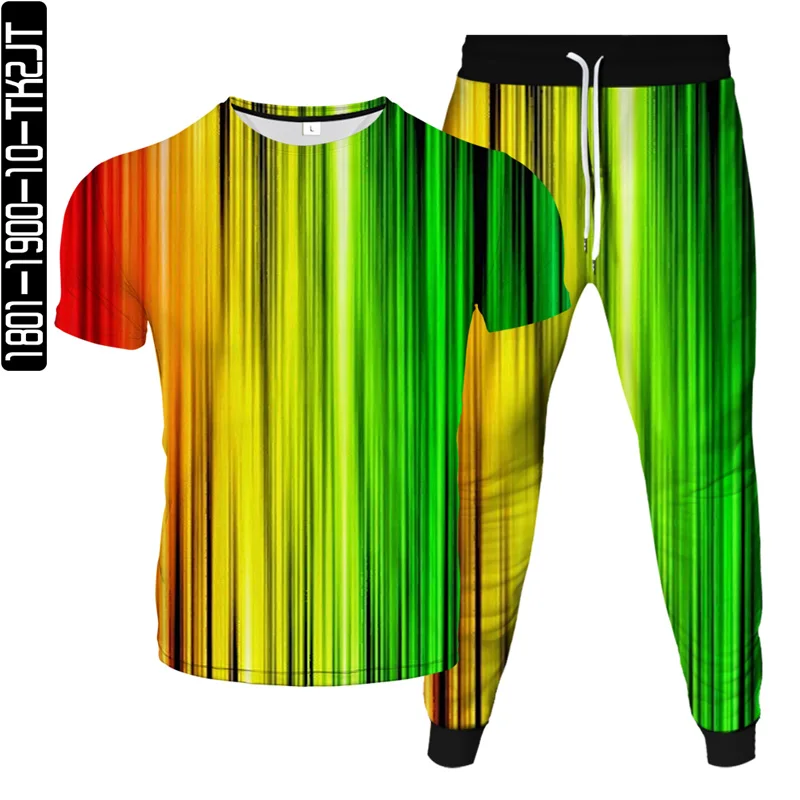 

Men's Sports Suit T-Shirt+Jogging Long Pants 2Pc Sets Tracksuit Colorful Line Smoke Paint Cloud Print Homme Fashion Clothing 6XL