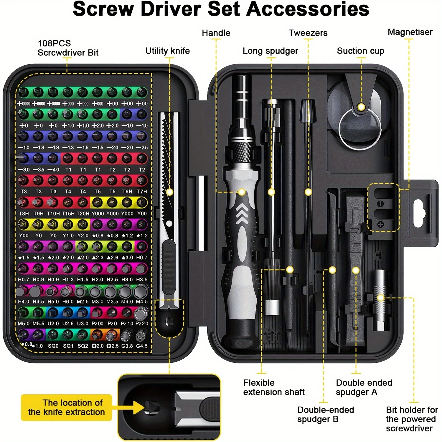 Mini Micro Magnetic Repair Tool Kits with Color-coded Identification,108 Magnetic Screwdriver Bits,Suitable for IPhone,Table Etc