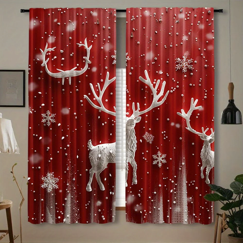 Xmas Red Elk Snowflake Curtain 2 Panels 3D Stereo White Deer Snow Print Master Bedroom Curtain Winter Festival Home Decor