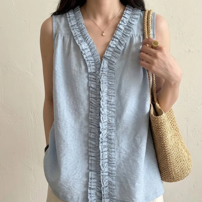 Reversible V Neck Sleeveless Knit Top Korean Lettuce Edge Blue One Size Mid Length Casual Summer Layering Blouse For Women Chic