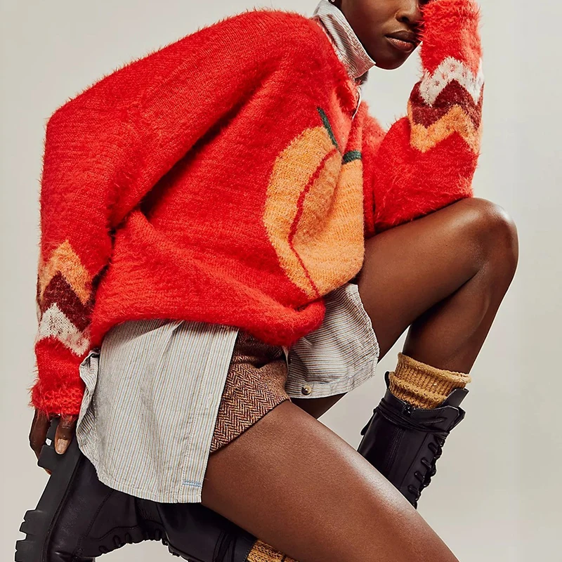 

Новинка 2025, осенний узор, свитера с длинными рукавами и принтом, женский свободный крой, вязаный пуловер с круглым вырезом, повседневный удобный свитер, топы