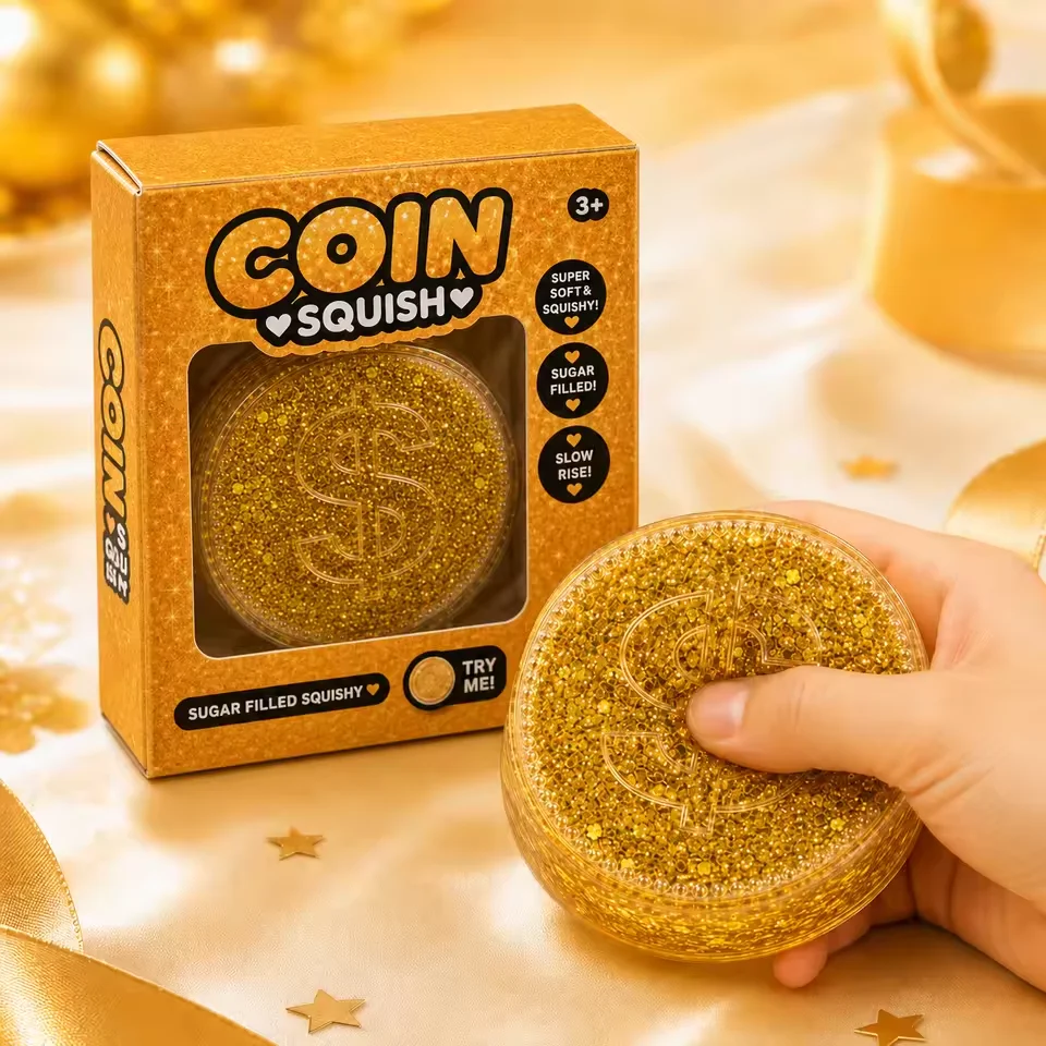 Nuevo juguete blandito de moneda de oro 2026, juguete sensorial antiestrés de subida lenta relleno de purpurina, regalo novedoso para aliviar el estrés en el escritorio o para fiestas