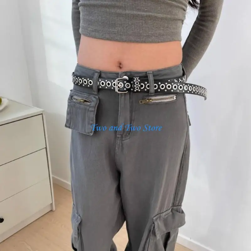 

HX6F PU Leather Belt Woman Casual Waist Decors Hollowout Pants Belt Shorts Waistband