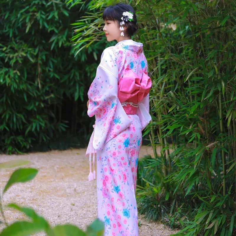 

Women's Japan Style Traditional Kimono Summer Yukata Pink Color Floral Printing Cosplay Clothing Photography Wear Bathrobe Set