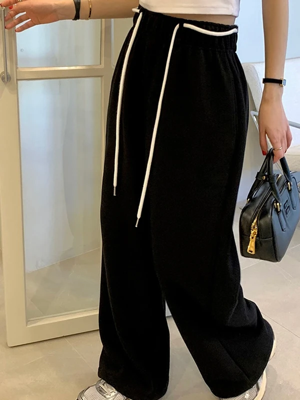 하이 웨이스트 끈 팬츠 여성용 시크한 가을 겨울 패션 디자인 루즈 와이드 레그 팬츠 롱 트라우저