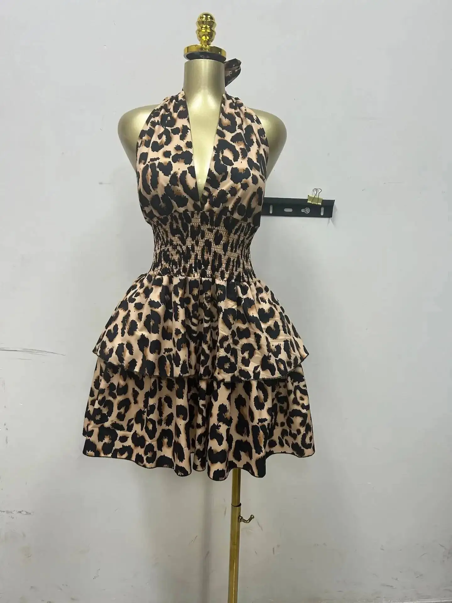 Women Leopard Print Halter Neck Backless Cascading Ruffles Big Swing Ball Gown Mini Dress 2025 Sexy Club Party Dresses 98J4