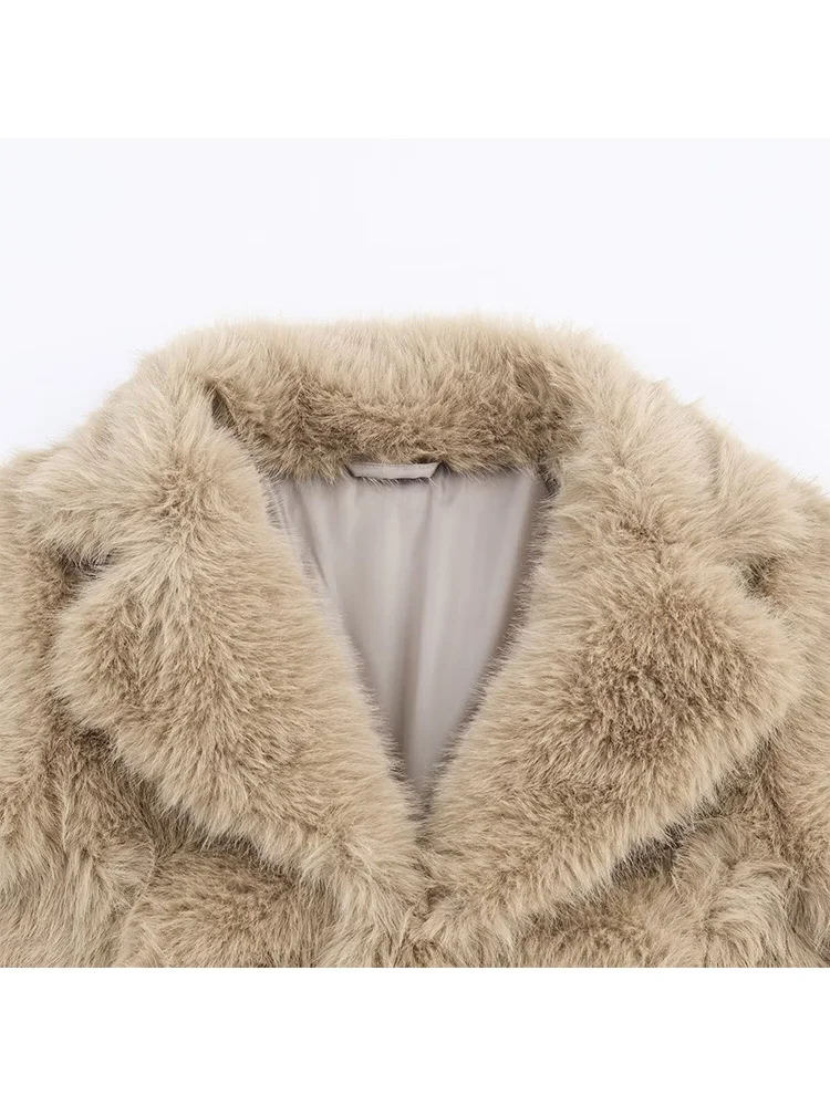 

HH Winter Women Elegant Pocket Lapel Artificial Fur Thickened Temperament Coat Long Sleeve Hidden Button Solid Soft Short Jacket