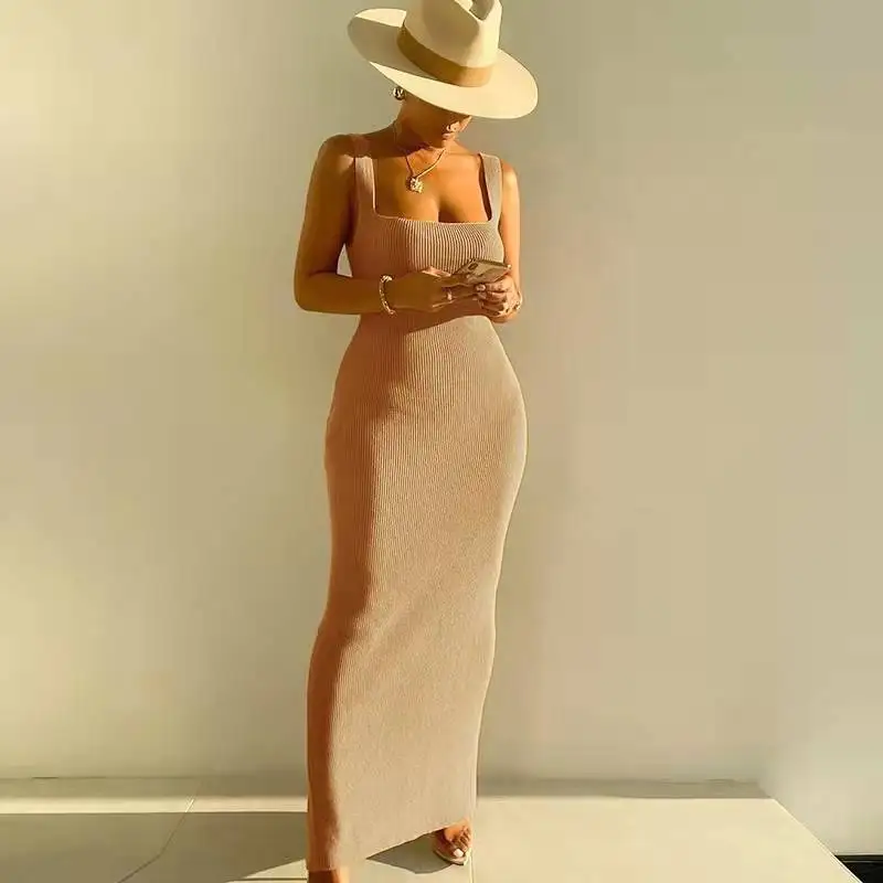 Sexy Vrouwen Geribbelde Stretch Bodycon Jurk Elegante Zomer Mouwloze Corset Slanke Gebreide Party Lange Vest Jurk