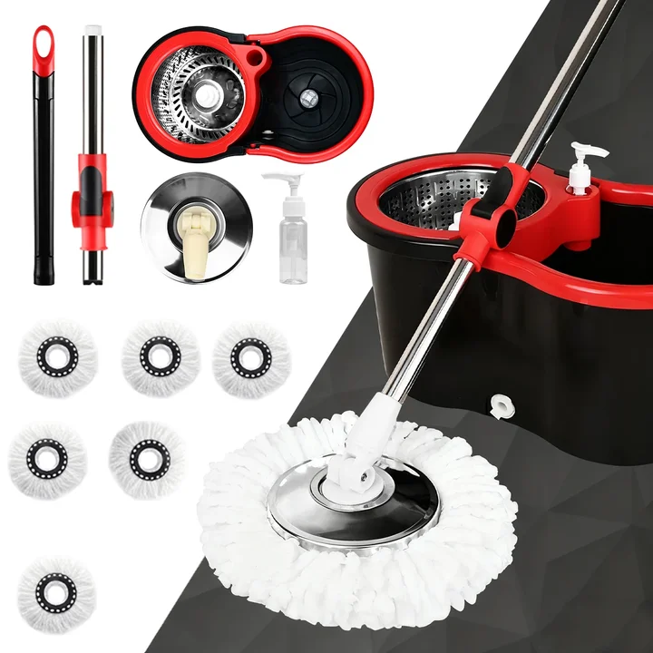 

360° Spin Mop Bucket Sets with Wring System in 8 Microfiber Heads, 47" Extended Handle Floor Cleaning UPWORK