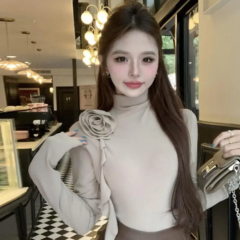 New Three-dimensional Flower Long Sleeve T-Shirt 2025 Women Autumn Winter Turtleneck Base Shirt Blouse Korean Style Bottom Shirt