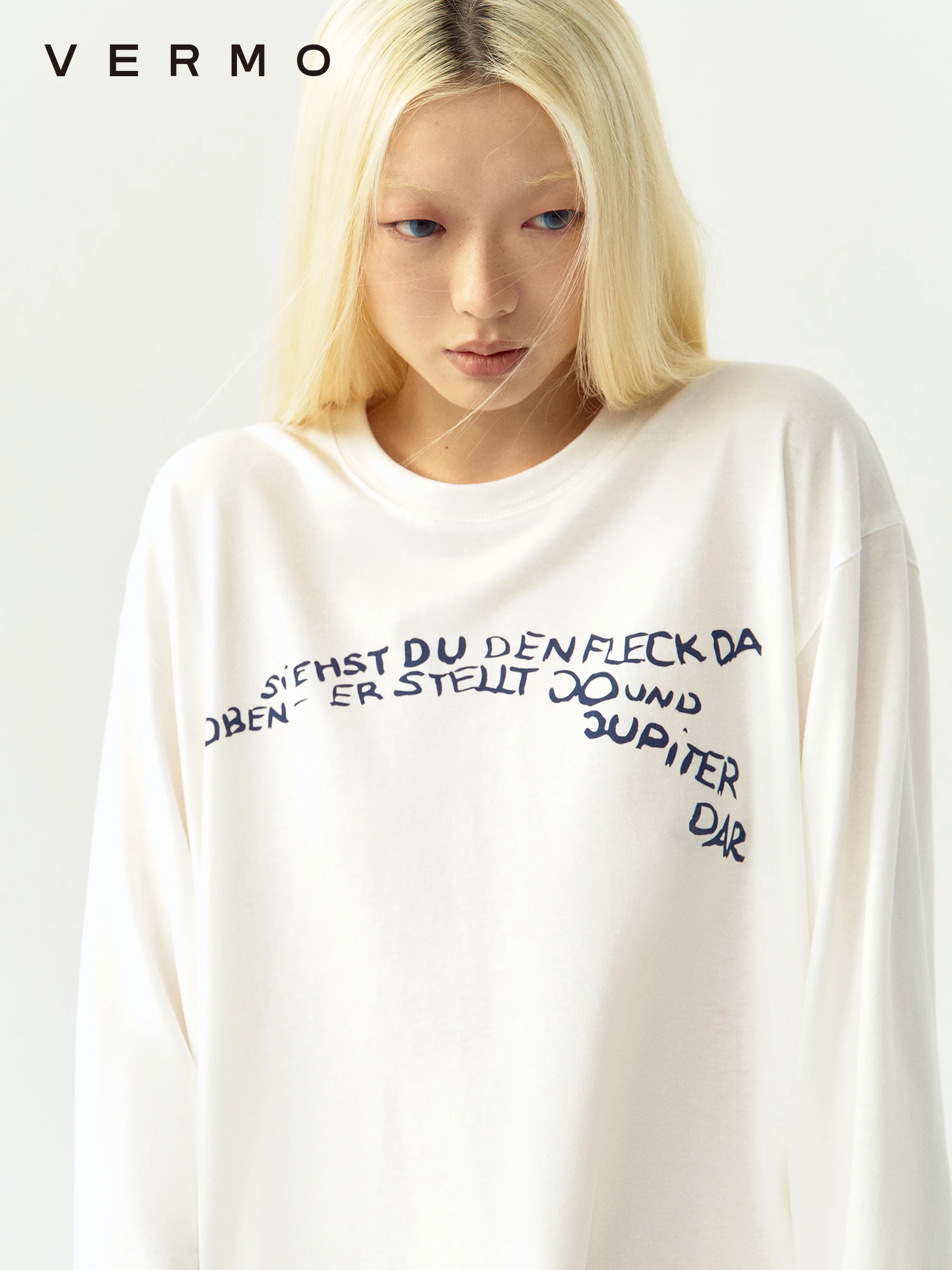 VERMO Lenzing Linen Cotton Blend Soft Printed Loose Long Sleeve T-Shirt Neutral Style round Neck Letter Pattern Women's Top