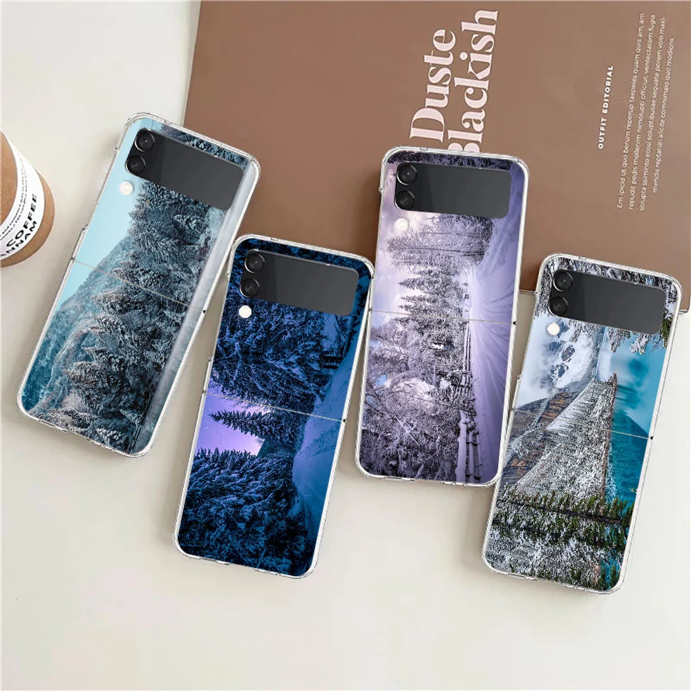 Winter Nature Snow Travel Art Phone Case For Samsung Galaxy Z Flip 3 4 5 Hard Folding PC Shell For Samsung Z Flip3 Clear Cover