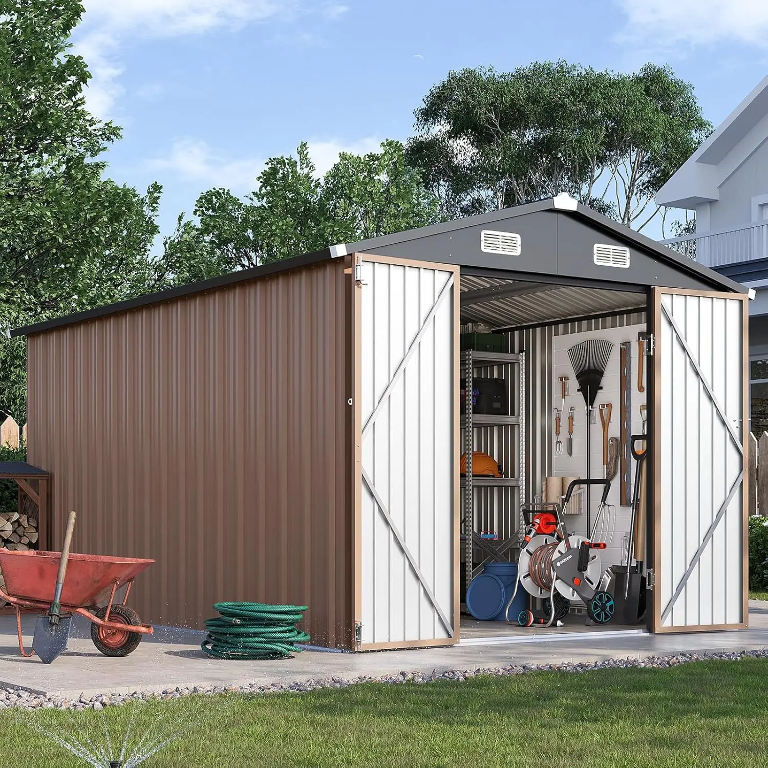 

8x12FT Metal Outdoor Storage Shed Lockable Double Doors Sloping Roof Weather Tool Backyard Patio Brown, Customized