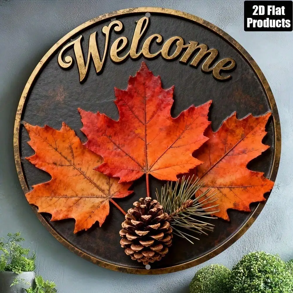 [Nombre de la Marca] Placa Redonda de Metal con Diseño de Hoja de Arce y Piña, Decoración Rústica de Pared para Otoño, Letrero de Bienvenida, Aluminio de 8x8 Pulgadas