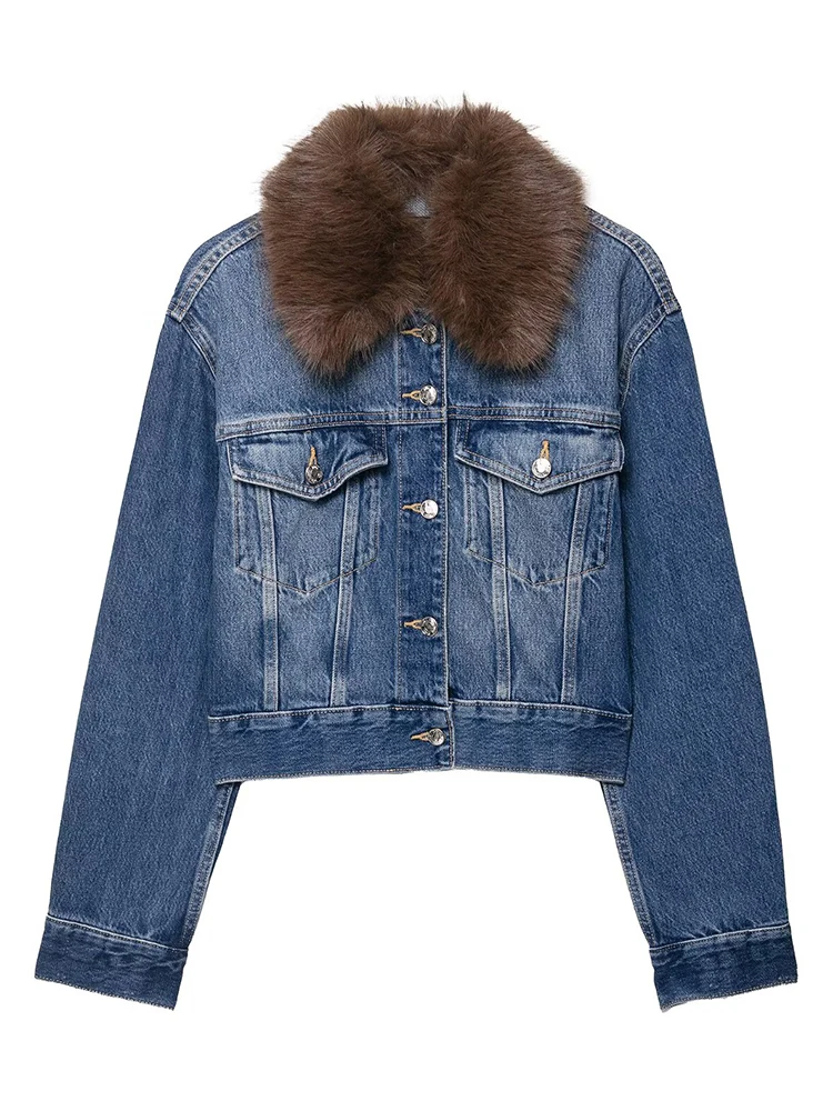 

HH American Retro Artificial Fur Effect Denim Cropped Jacket 2025 Long Sleeve Single Breasted Faux Fur Collar Patchwork Coat