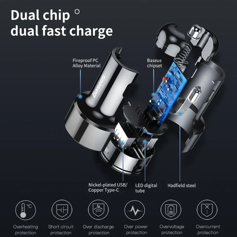 Baseus 45W Car Charger QC 4.0 3.0 For Xiaomi Huawei Supercharge SCP Samsung AFC Quick Charge Fast PD USB C Portable Phone Charge - náhled 5