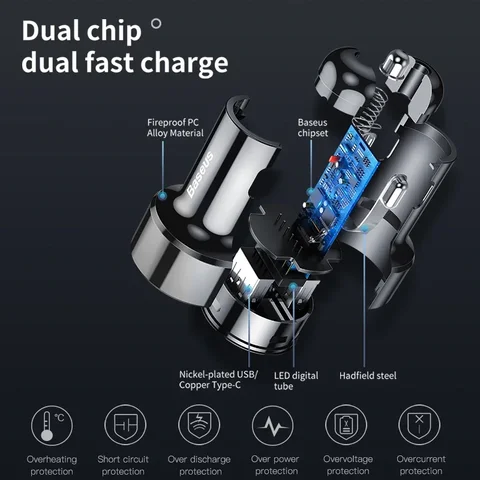 Автомобильное зарядное устройство Baseus 45 Вт QC 4.0 3.0 для Xiaomi Huawei Supercharge SCP Samsung AFC Quick Charge Fast PD USB C Портативная зарядка для телефона