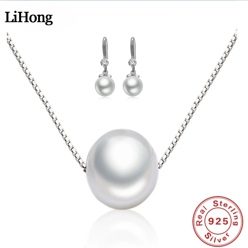 Exquisite Fashion 925 Sterling Silver Necklace Earrings Jewelry Set 10MM Pearl Accessories For Women Engagement Jewelry Gift