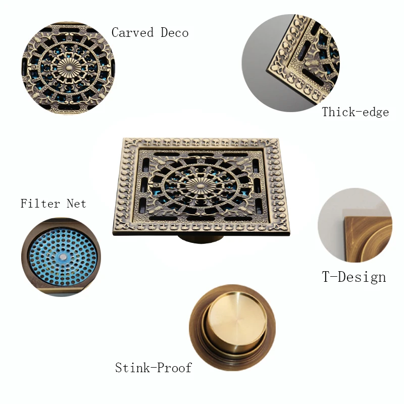 JIENI Floor Drains Antique Brass Shower Floor Drain Bathroom Deodorant Euro 10 cm Square Floor Drain Strainer Cover Grate Waste