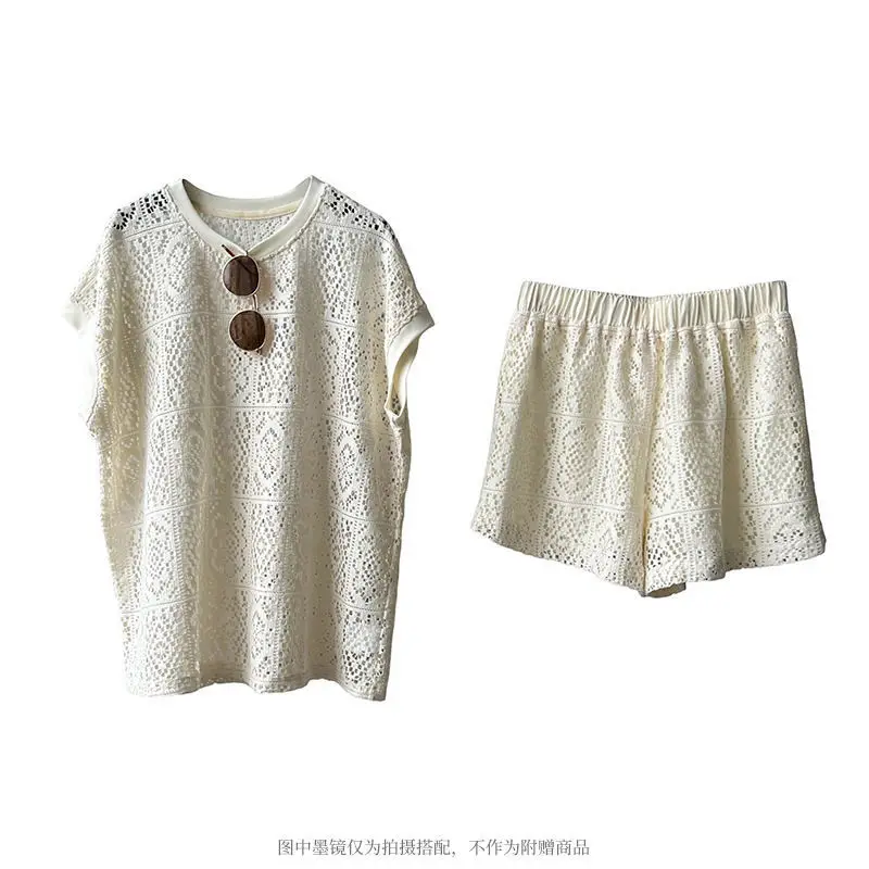 Summer Casual Chic Hollow Out Top and Shorts Set