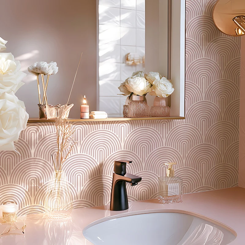 10PCS Peel and Stick Tile Stickers, Pink Geometric Scallop Self-Adhesive Vinyl Backsplash Decals for Kitchen Bathroom Wall Decor