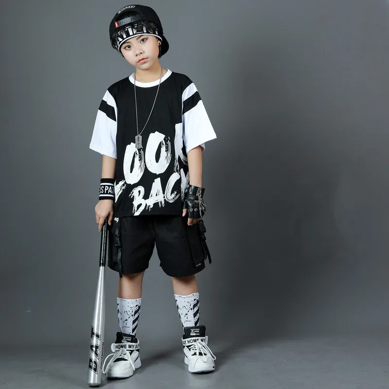 Mode Jongens Street Dance Kleding Sets Zomer Zwarte Brief Print T-shirt Shorts Outfits Groep Cool Streetwear Hip Hop Kostuums