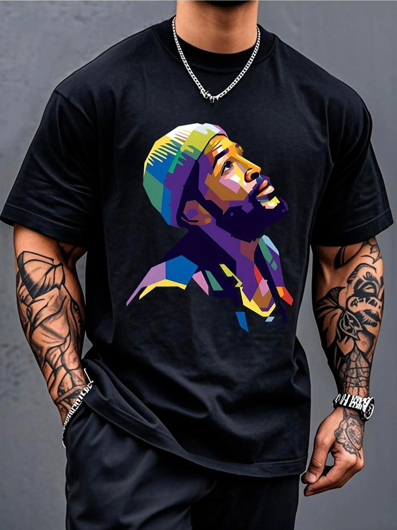 Men's Black Graphic T-Shirt, Colorful Geometric Face Print Short Sleeve Tee, Casual Crew Neck Loose Fit Summer Top, Streetwear Style Shirt