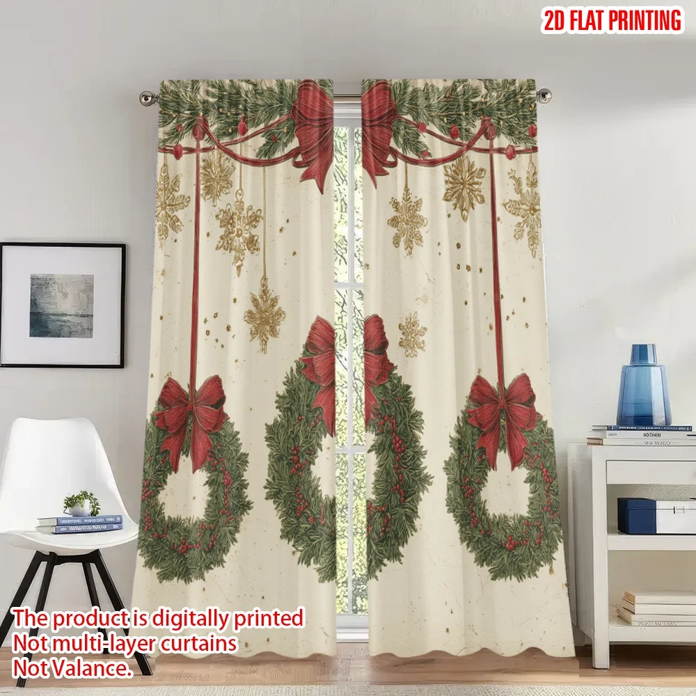 

2pcs 2D flat printing Christmas Party Curtains Christmas Wreaths Red Bows Digital Printed Polyester Drapes Festive Holiday