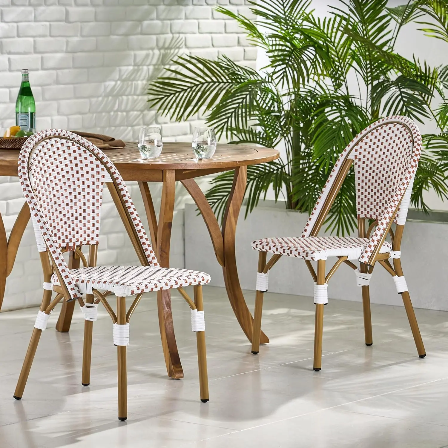 Bistro Chair PE Rattan Aluminum Frame Bamboo Print Weather-Resistant Patio Dining Garden Set 2 Red White, Customized