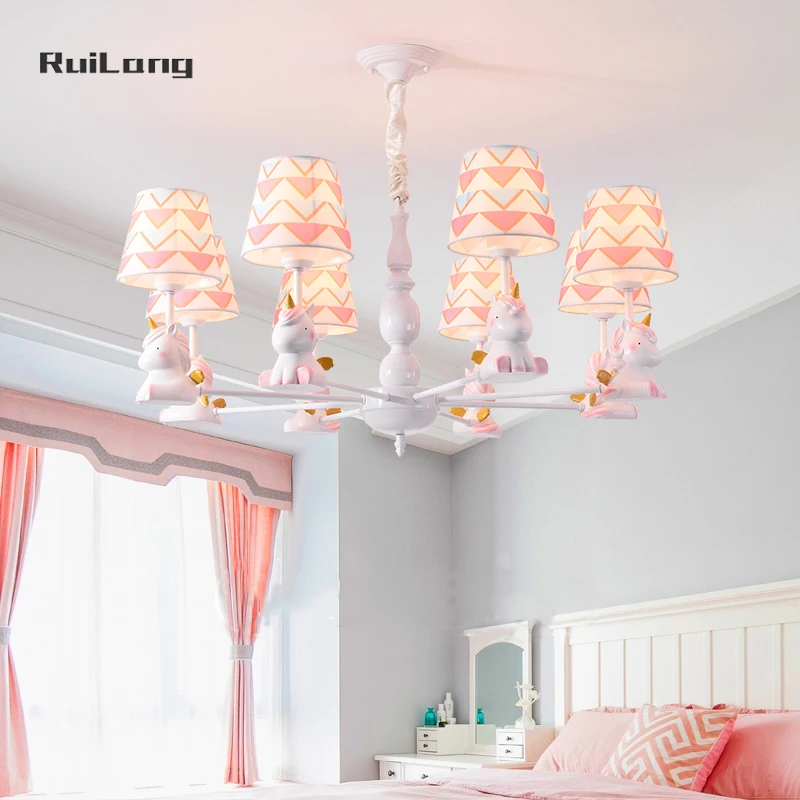 Cartoon unicorn Ceiling Chandelier Kids Room Girls Bedroom Princess Lamp Pink Cute Decor Pendant Children Nursery Ceiling Lights