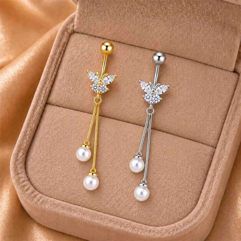 Dainty Long Chain Pearl Belly  - Belly Bar Titanium ulasan dan harga