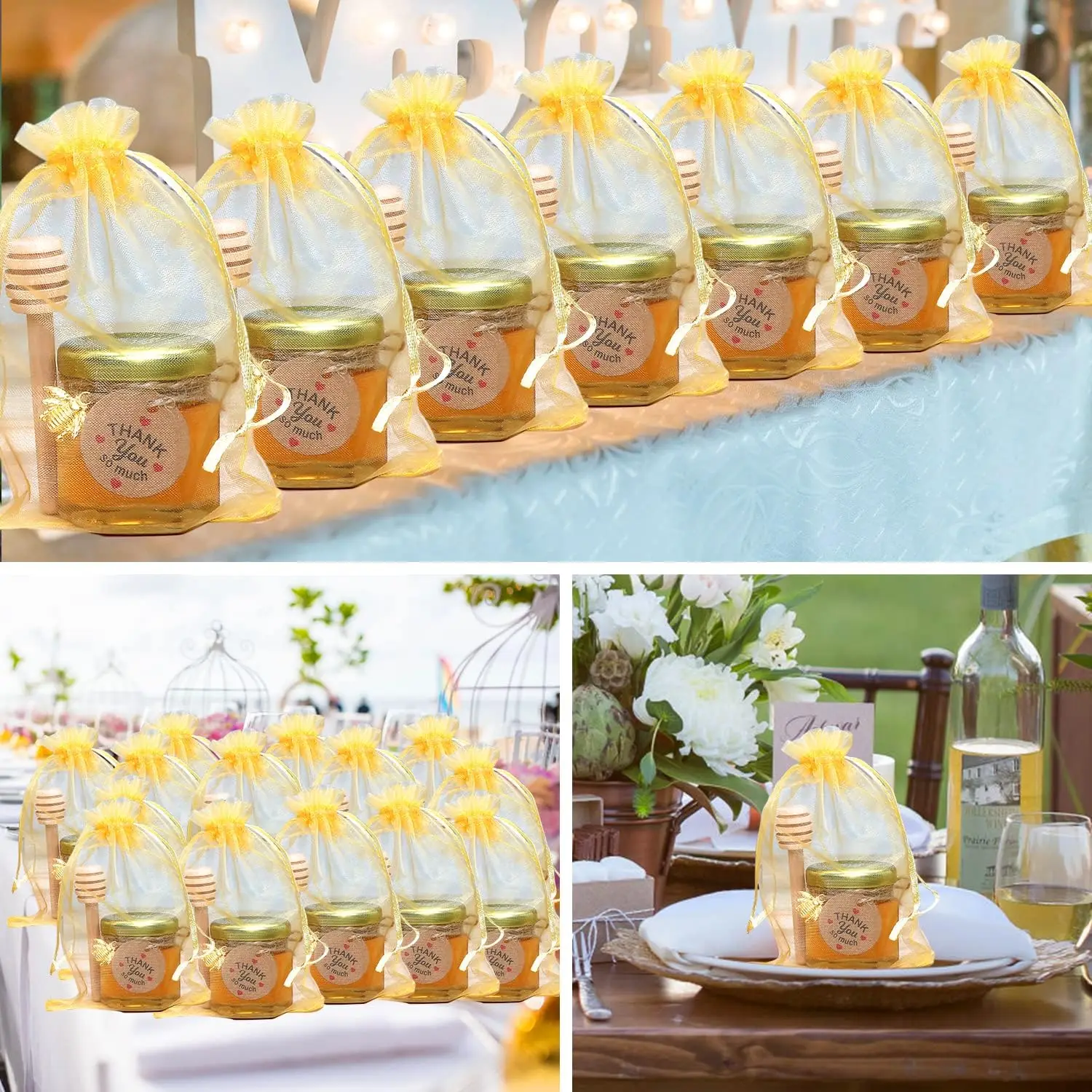 60PCS 1.5 oz Mini Glass Honey Jar Hexagonal Honey Jars Bee Charms Gold Gift Bags Rope Baby Shower Wedding Party Favors