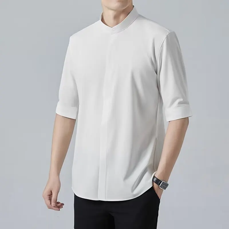 Spring and Summer Stand Collar Five-point Mid-sleeve Fashionable Men\'s Short-sleeved Shirt Seven-point Sleeve Large Size Men\'s