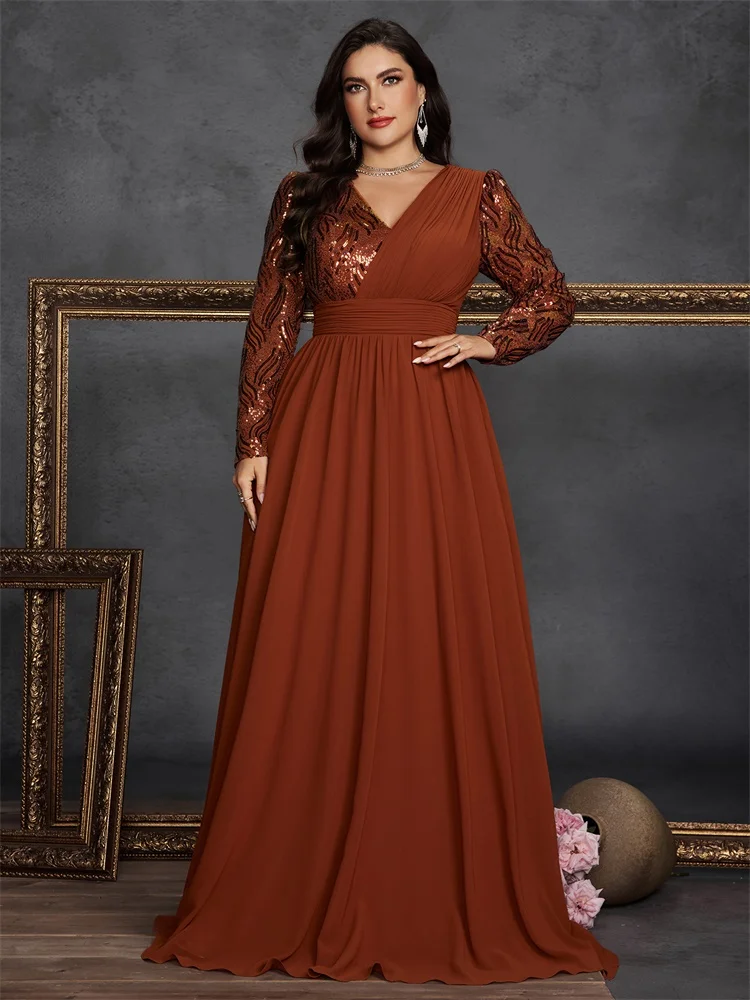Lucyinlove Plus Size Luxury Chiffon Splicing Long Sleeve Evening Dresses Women Sequins Wedding Party Cocktail Floor Lenght Gowns image 4